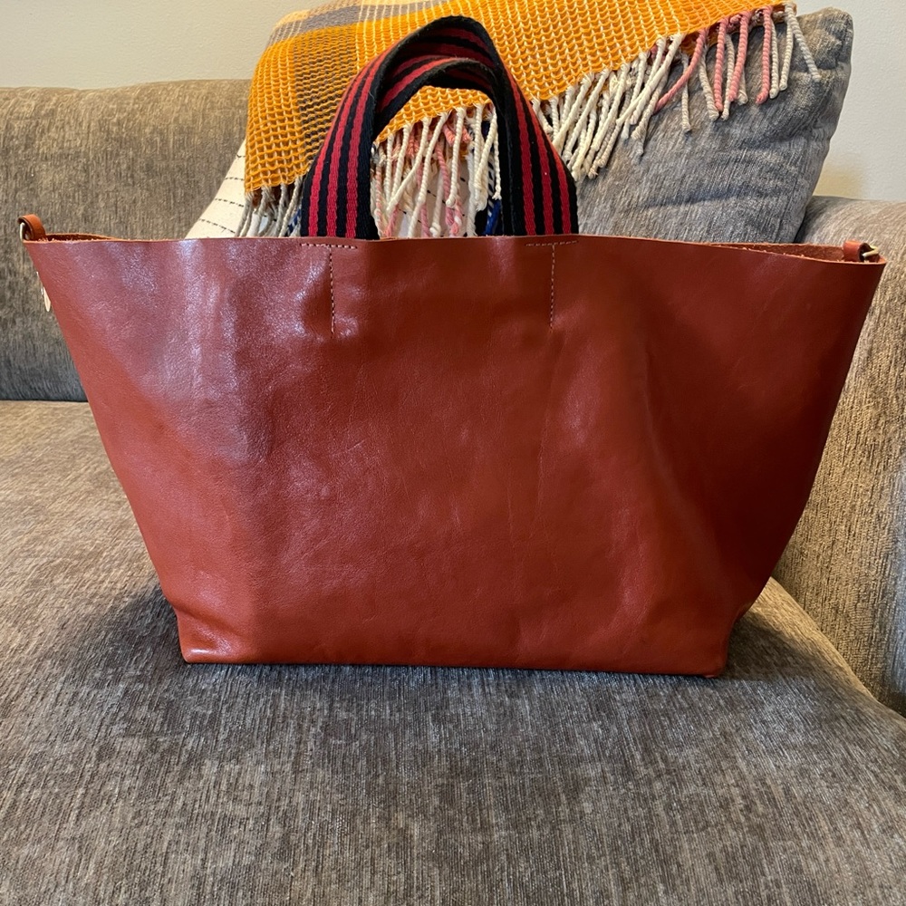 Clare V Leather Tote with Fabric Handles